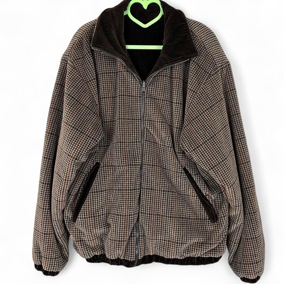 Brown corduroy houndstooth vintage Mackintosh Polartec reversible bomber… - Picture 1 of 9